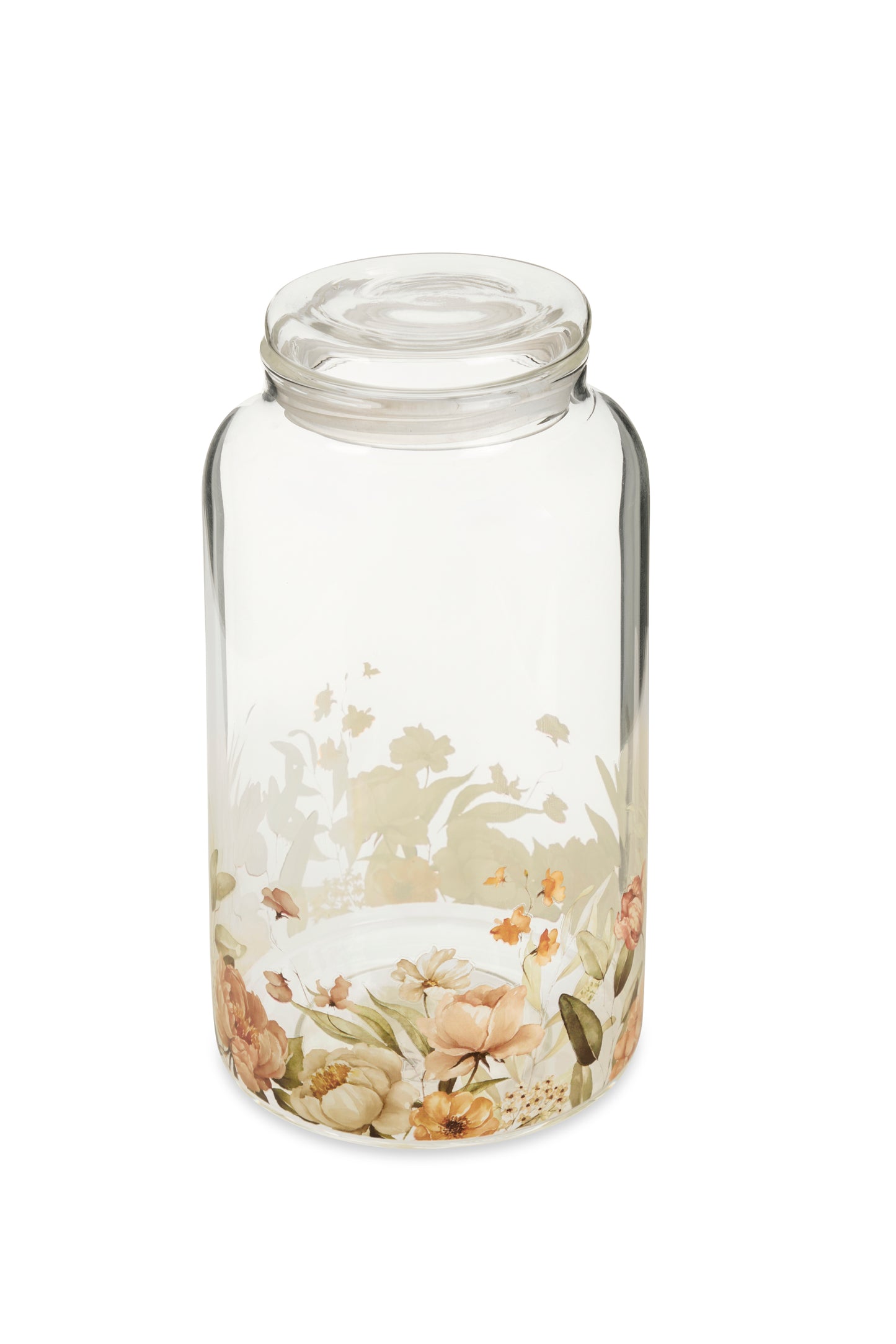 Barattolo con tappo ermetico in vetro borosilicato, decorato con motivi floreali in rosa e verde pastello, grande 13×22 cm, firmato Nuvole di Stoffa.
